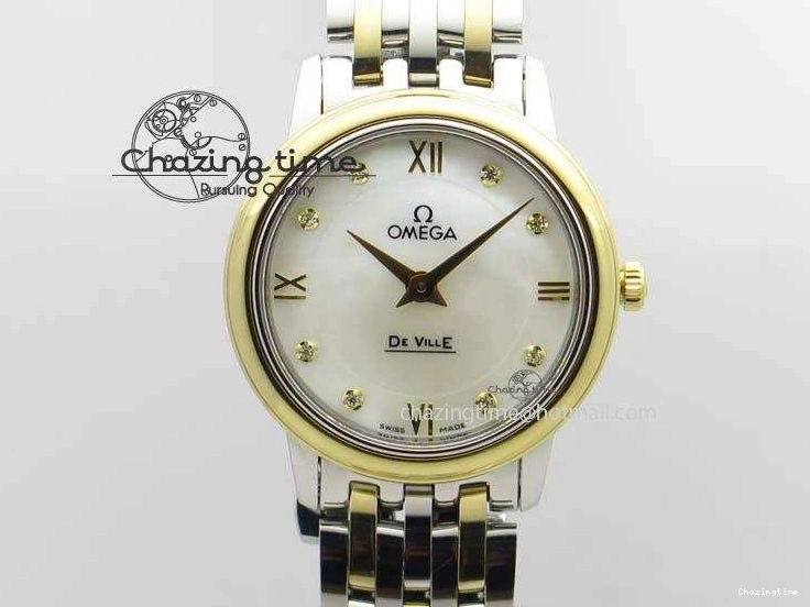 0315 OnTrend De Ville 27mm SS YG Ladies MK 1:1 Best Edition White MOP Dial Diamond Markers On SS Bracelet Ronda Quartz 8187